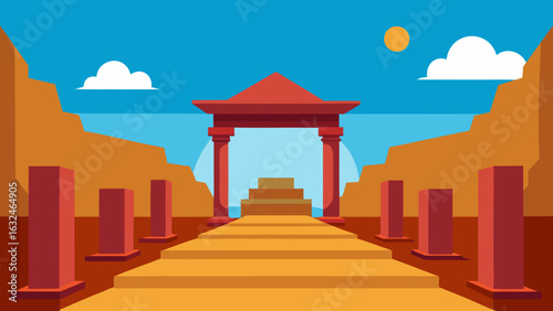 sunlit temple courtyard with open sky above 