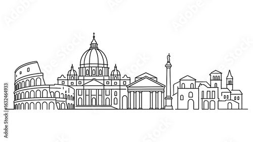 Iconic rome skyline: linear cityscape with famous landmarks in outline style