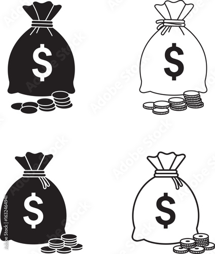 Money Bag Icon:  Four Styles, Black and White, Financial Concept, Wealth Illustration.