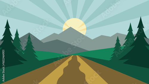 sunrays piercing mist in mountain forest path 