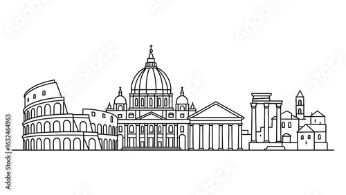 Rome skyline in minimalist linear art: iconic landmarks in black and white