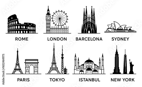 Iconic city skylines: famous landmarks in modern outline style