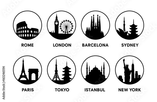 Iconic city silhouettes featuring world-famous landmarks in bold black design