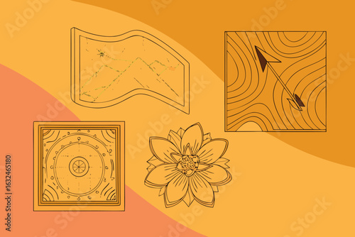 Set of high quality icons Map, Compass, Flower, and Arrow Illustrations on Orange Background vector illustration