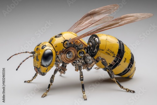 Detailed mechanical bee predominantly yellow and metallic posed against a plain background