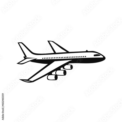 Stylized black and white illustration of a jetliner with four engines in flight