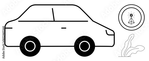 Outlined car side view, abstract geometric all-seeing symbol, and minimal plant shapes. Ideal for transportation, travel, design, environment, innovation technology or modern symbolism. Simple flat