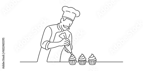 Linear chef decorating cupcakes with precision and artistry