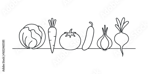 Minimalist one line drawing of fresh vegetables on white background