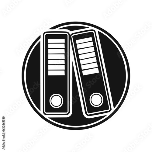 Two black ring binders with label holders are depicted inside a black circle
