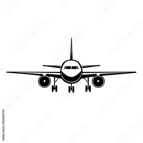 Vector illustration of an airplane in flight viewed from the front, simple outline, perfect for icons and graphics