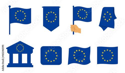 Collection of flat style european union flags and icons