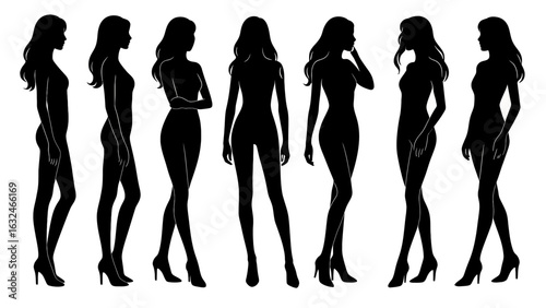 Elegant woman silhouettes in various poses: stylish fashion design elements