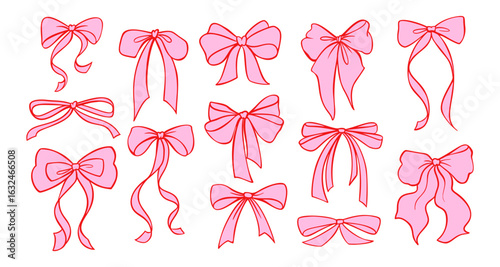 Coquette pink bow ribbon vector - cute vintage gift box with lace details. Romantic Y2K doodle