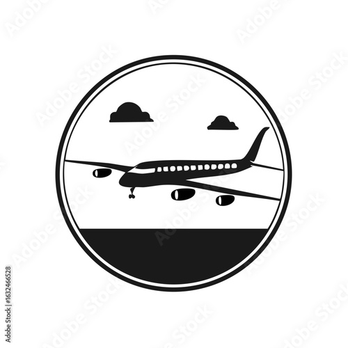 Commercial airliner with landing gear down in a circular black and white vector icon