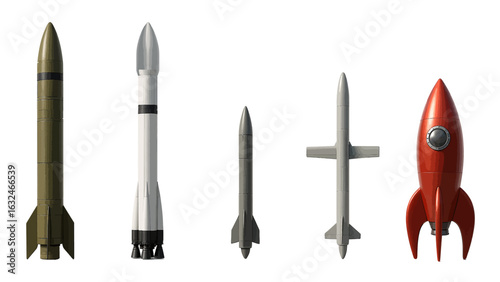 Collection of diverse rockets and missiles on white background