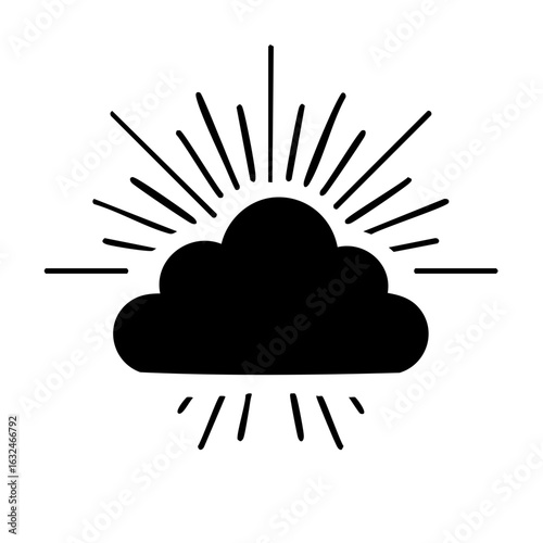 Rain cloud with sun rays illustration. Black and white weather icon symbol