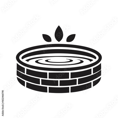 Simple icon of a brick well with water ripples and three stylized leaves