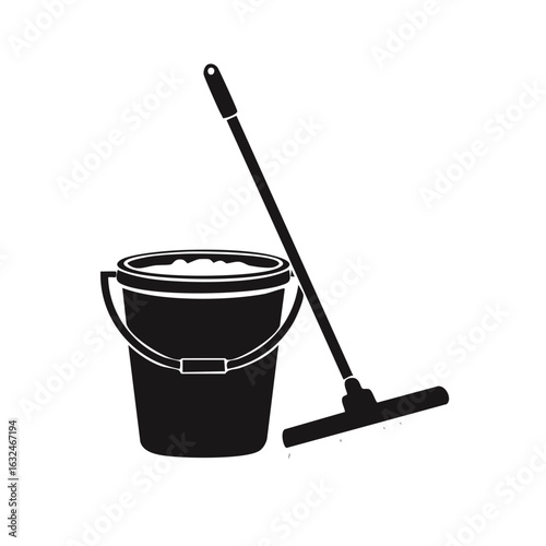 Housekeeping cleaning supplies bucket and mop black silhouette icon illustration