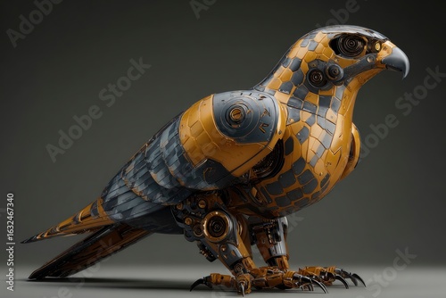Mechanical bird statue with gray yellow and gold colors The bird is a robotic avian figure