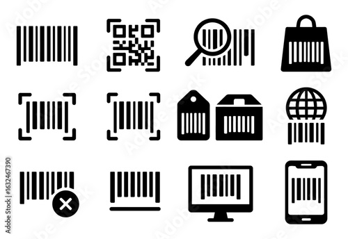 Barcode icon collection featuring qr codes and shopping elements in black and white