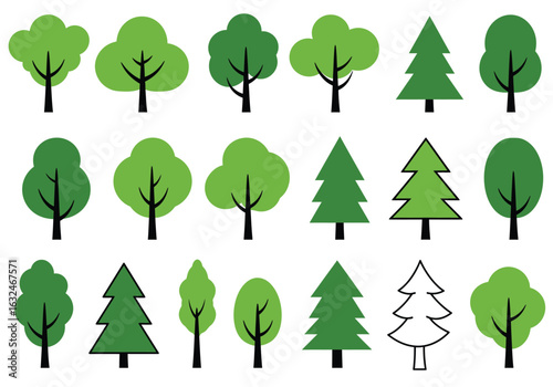 Collection of diverse tree illustrations isolated on white background, showcasing various shapes and styles for naturethemed designs and educational resources