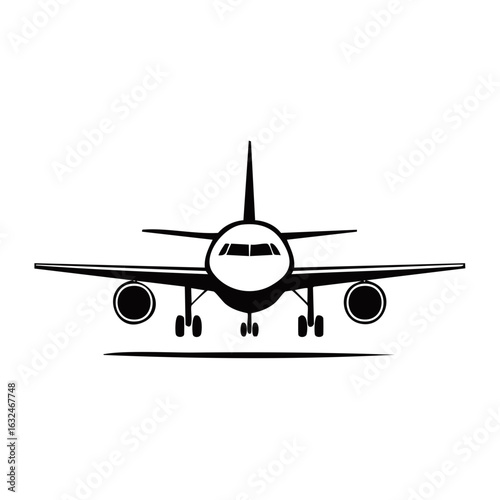 Commercial jet airliner front view approaching landing with landing gear down silhouette