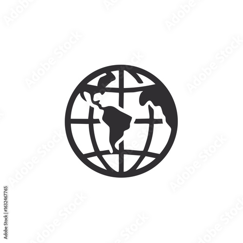 Stylized globe graphic depicting continents and meridians in dark gray