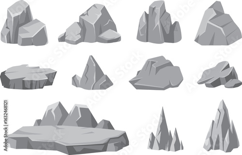Collection of Cartoon Rock Formations for Game Assets and Landscape Design Elements Isolated on White Background