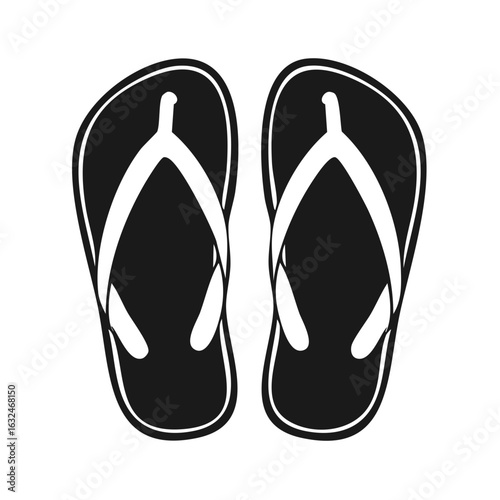 Pair of black flip flops with white straps shown from above on a white background