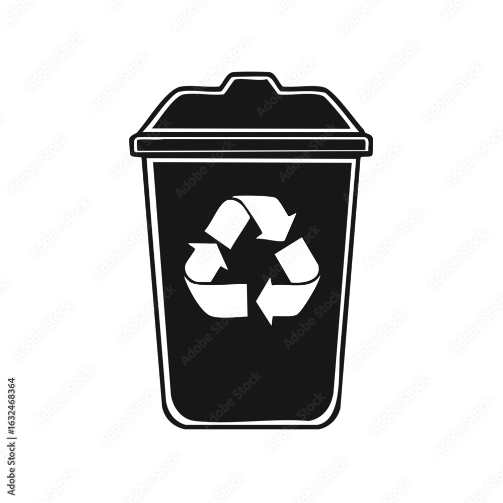 Black recycling bin icon with lid and recycle symbol for waste management and ecology Black recycling bin icon with lid and recycle symbol for waste management and ecology