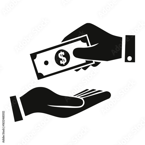 Hand giving dollar bill to another hand, payment concept monochrome illustration
