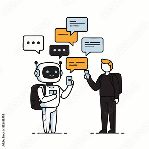 A modern robot engages in a dynamic digital conversation with a human, symbolizing advanced artificial intelligence communication and the evolving future of technology.