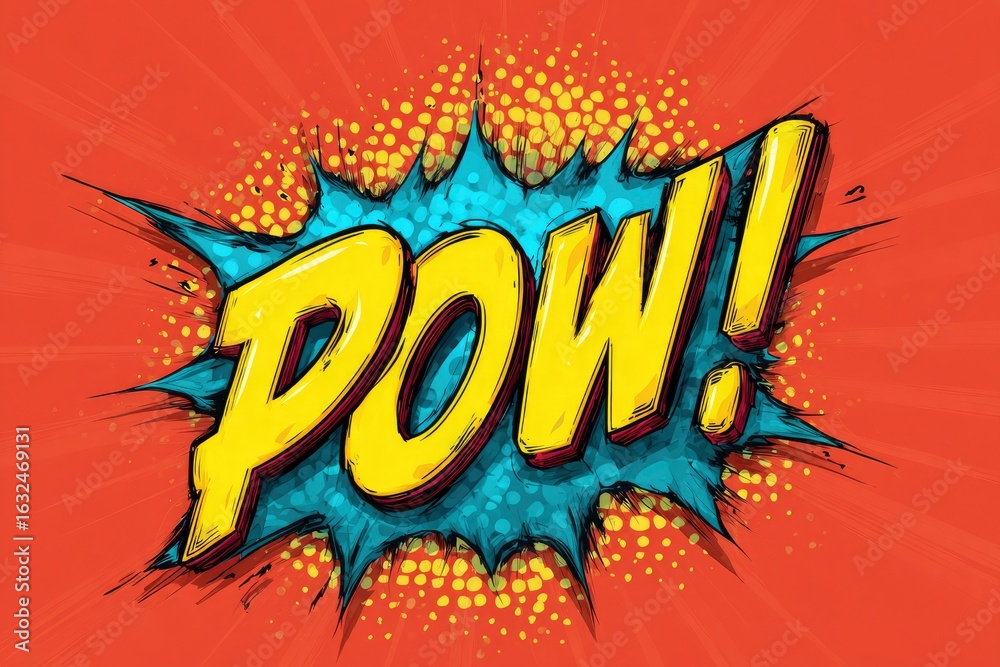 Naklejka premium POW graphic bursts with yellow letters blue explosion on red background with yellow dots and burst lines