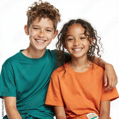 Radiant Smiles: A heartwarming portrait of two cheerful children, a boy and a girl, sharing a moment of pure joy. Their genuine smiles radiate happiness and the bond of friendship.