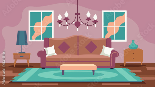 A living room with a cowhide rug leather couch and a crystal chandelier as a focal point.