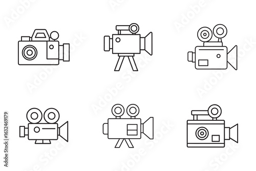 Vector line icons of various vintage and modern camera designs for filmmaking and photography enthusiasts set against white background