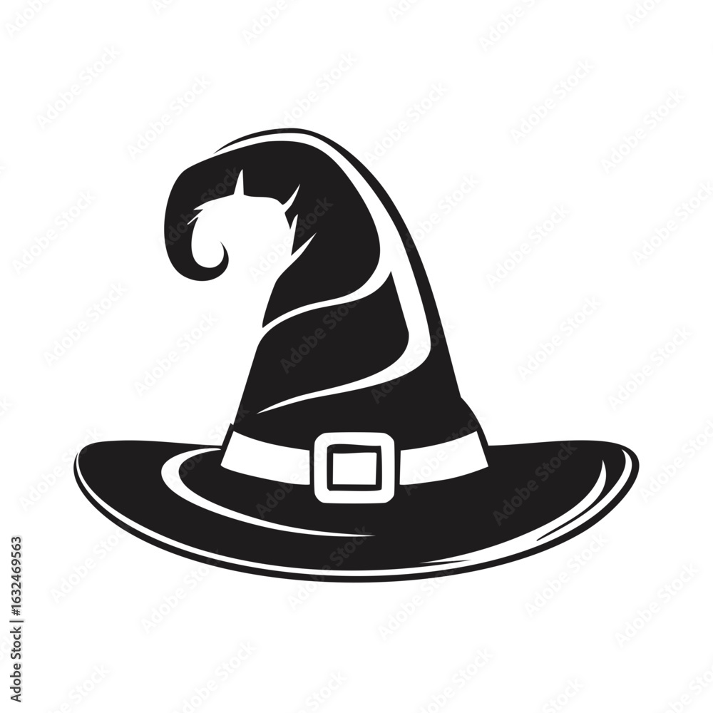 Fototapeta premium Iconic Black Witch Hat with Curved Point and Buckle Detail Isolated on White
