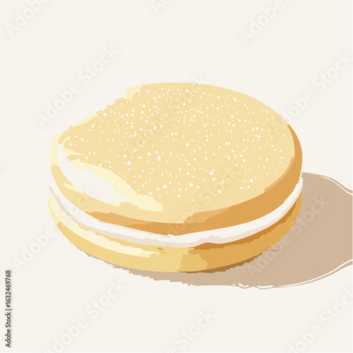 Partially Eaten Round Yellow Cream Filled Cookie on White Background