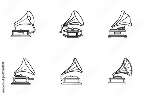 Vintage gramophone line art collection showcasing old fashioned musical instruments design with classic phonograph vector illustrations