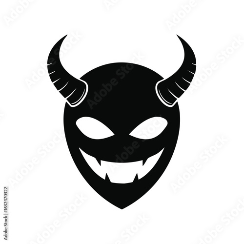 Silhouette of a Cartoon Devil Face with Horns and Pointed Teeth, Halloween