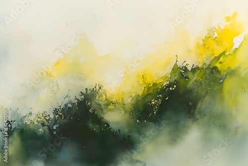 Abstract watercolor painting with vibrant yellow and deep green hues evoking a sense of natural landscape and light