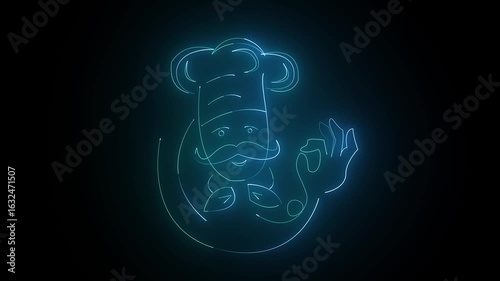 Blue Neon Animated Chef Character Performing Hand Gesture on Black Background (4K Loop)