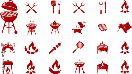BBQ grill icon set. Barbecue, bar-b-q, spatula, grill fork, picnic, fire - stock vector.