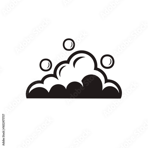 Black and white graphic icon of soft soap suds foam with floating bubbles for cleanliness