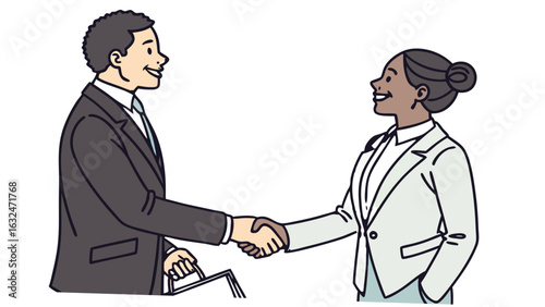 Illustration of two business people shaking hands wearing suits in a professional setting