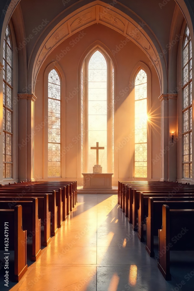 Fototapeta premium A serene and peaceful worship space, filled with soft light and inspiring architecture Perfect for themes of spirituality, faith, and contemplation , interior, reverence, christ