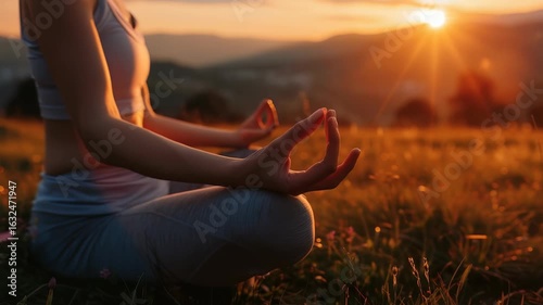 Woman, dressed in sportswear, is meditating outdoors at sunset. She is sitting on grassy field with picturesque mountain range in background. warm hues sunset enhance calming atmosphere.