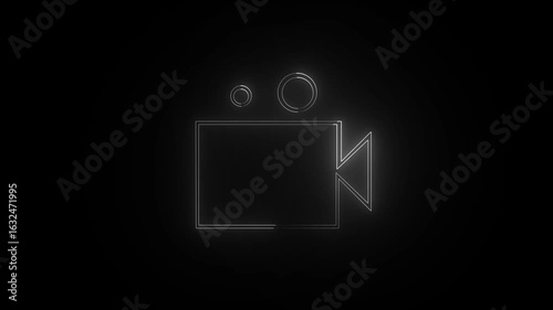 White Neon Video Camera Icon Animation on Black Background (4K Seamless Loop)