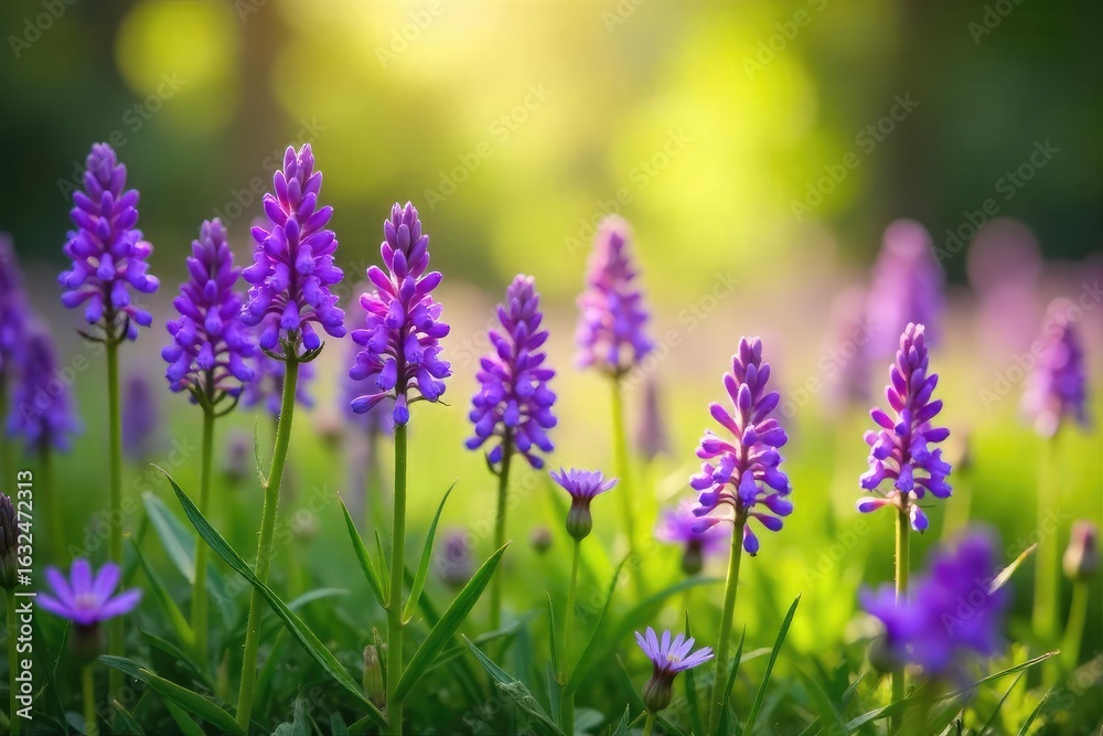 Fototapeta premium Vibrant purple wildflowers blooming in a lush meadow bathed in sunlight Delicate petals and green foliage create a stunning natural scene perfect for spring or summer themes , botanical, natural